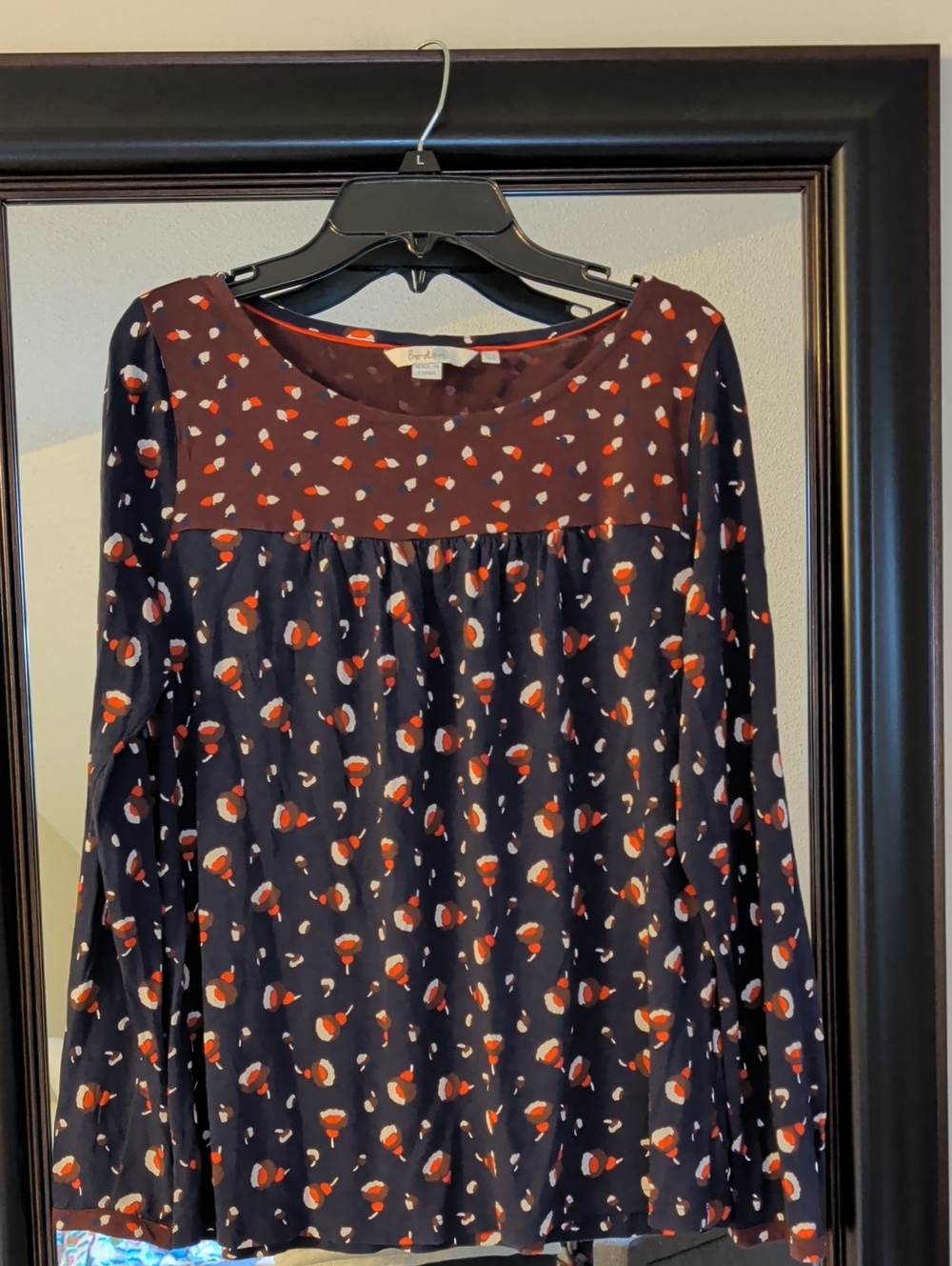 Boden Navy and Burgundy Floral-Print Long-Sleeve Top Size 6